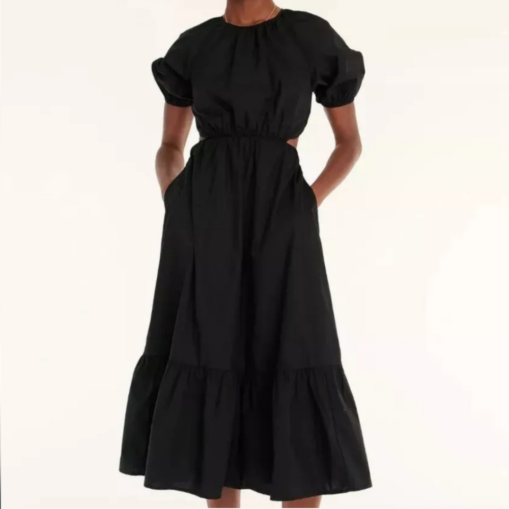 J.Crew Side Cutout Cotton Poplin Midi Dress Black Size 8 BG397 Puff Sleeves